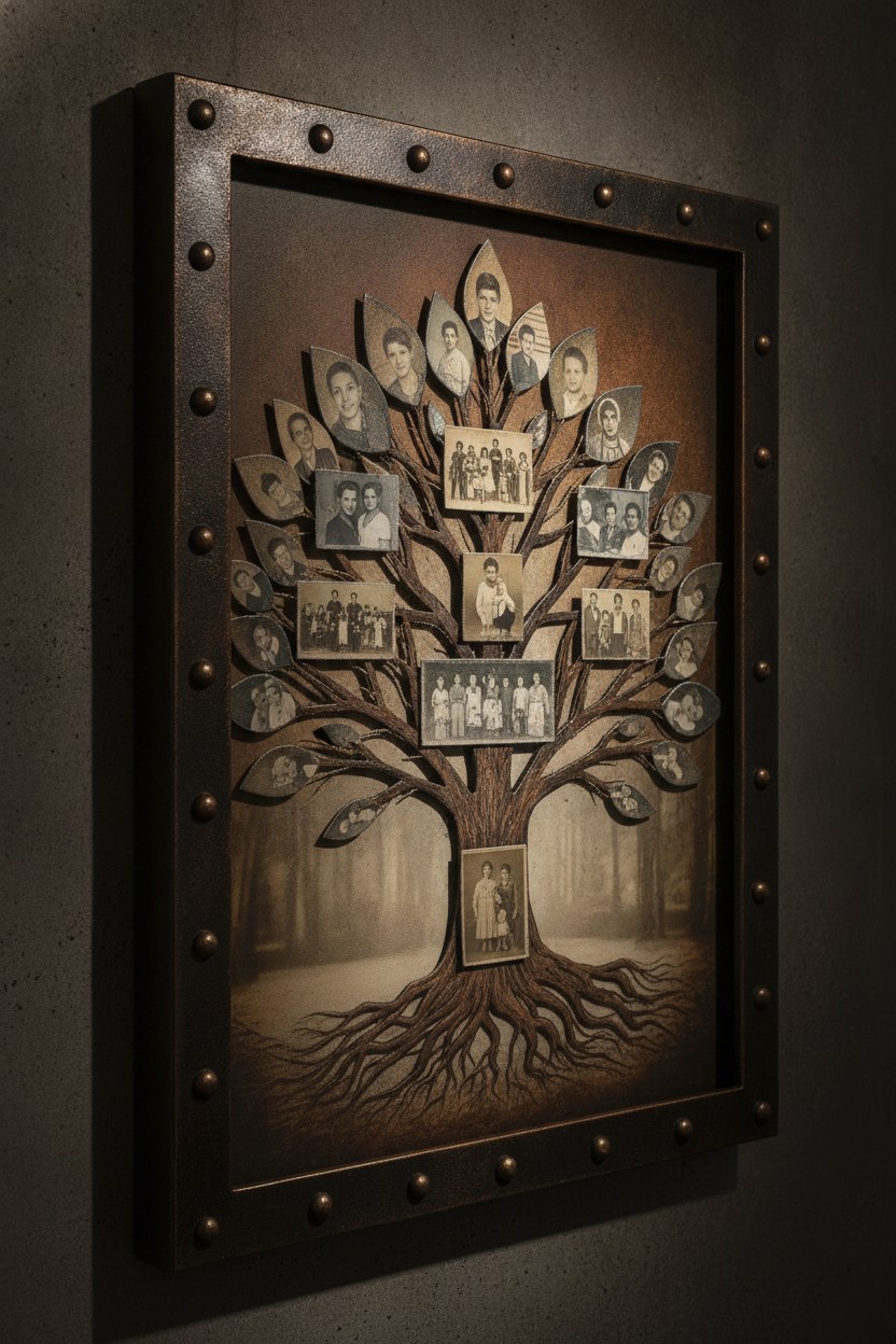 Perçinli çerçeveli 40x40 beş katmanlı aile kolajı